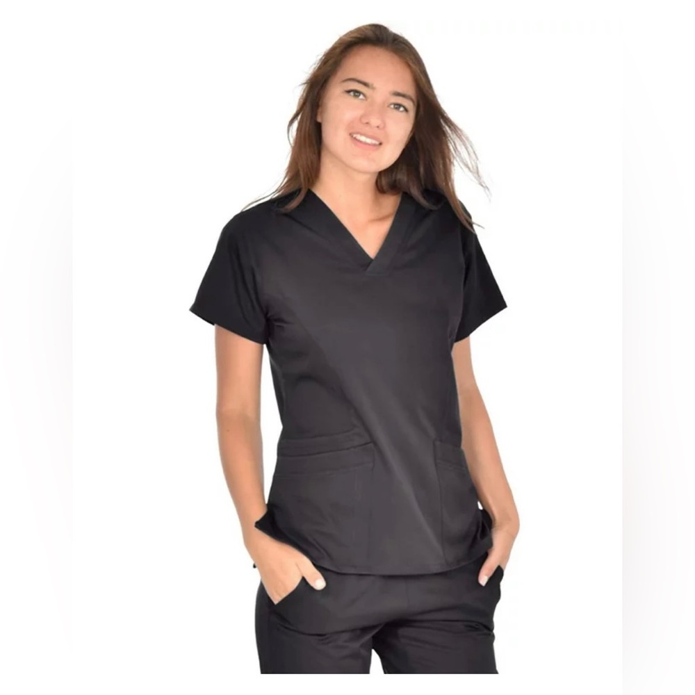 Mini Marilyn Black Women's 4-Way Stretch V-Neck 3 Pocket Scrub Top (Size S)